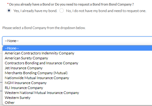 Screen Capture of Bond Information section from Online Portal Application